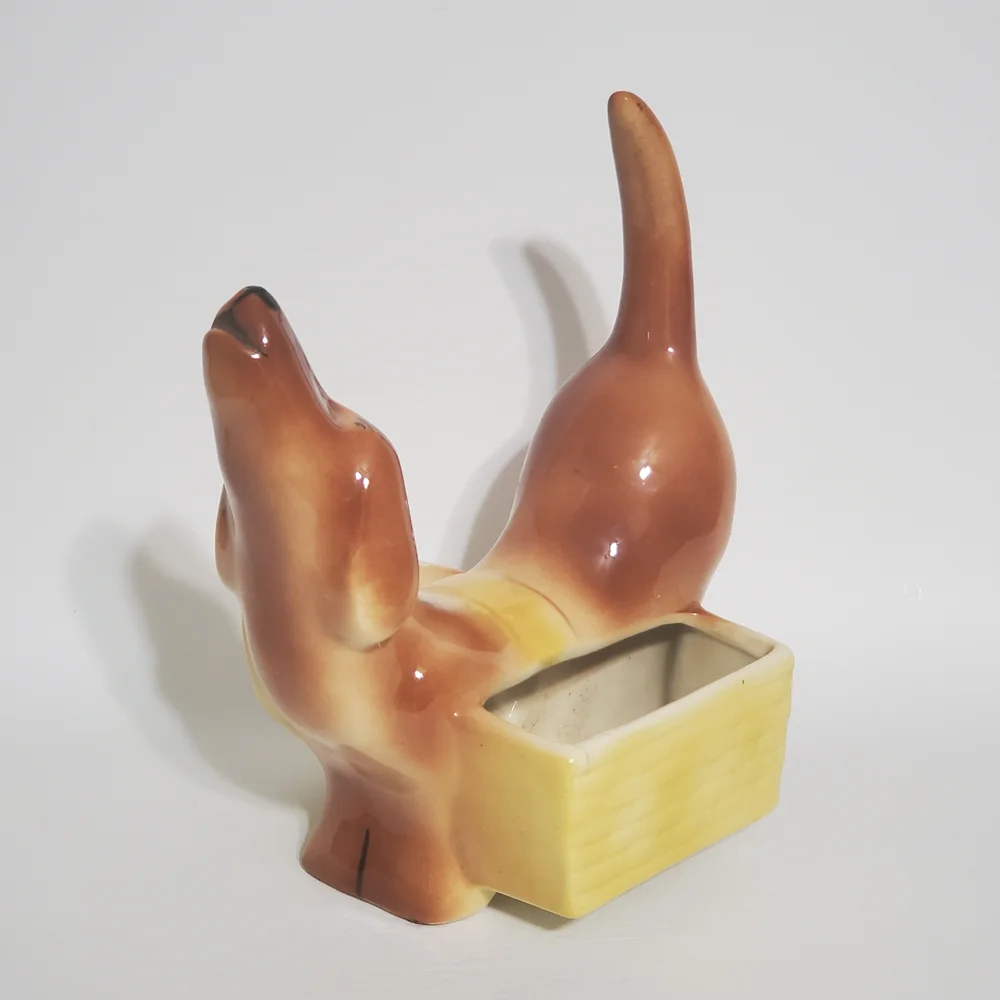 Vintage Ceramic Dachshund Wallet Valet in Brown and Yellow